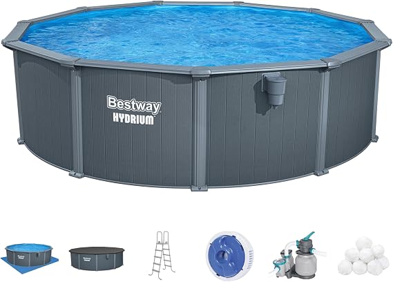 Bestway Hydrium 16' x 52" Above Ground Pool, Round Steel Side Wall Frame Outdoor Swimming Pool Set with Sand Filter Pump, Polysphere Filtration Balls, Ladder & Accessories