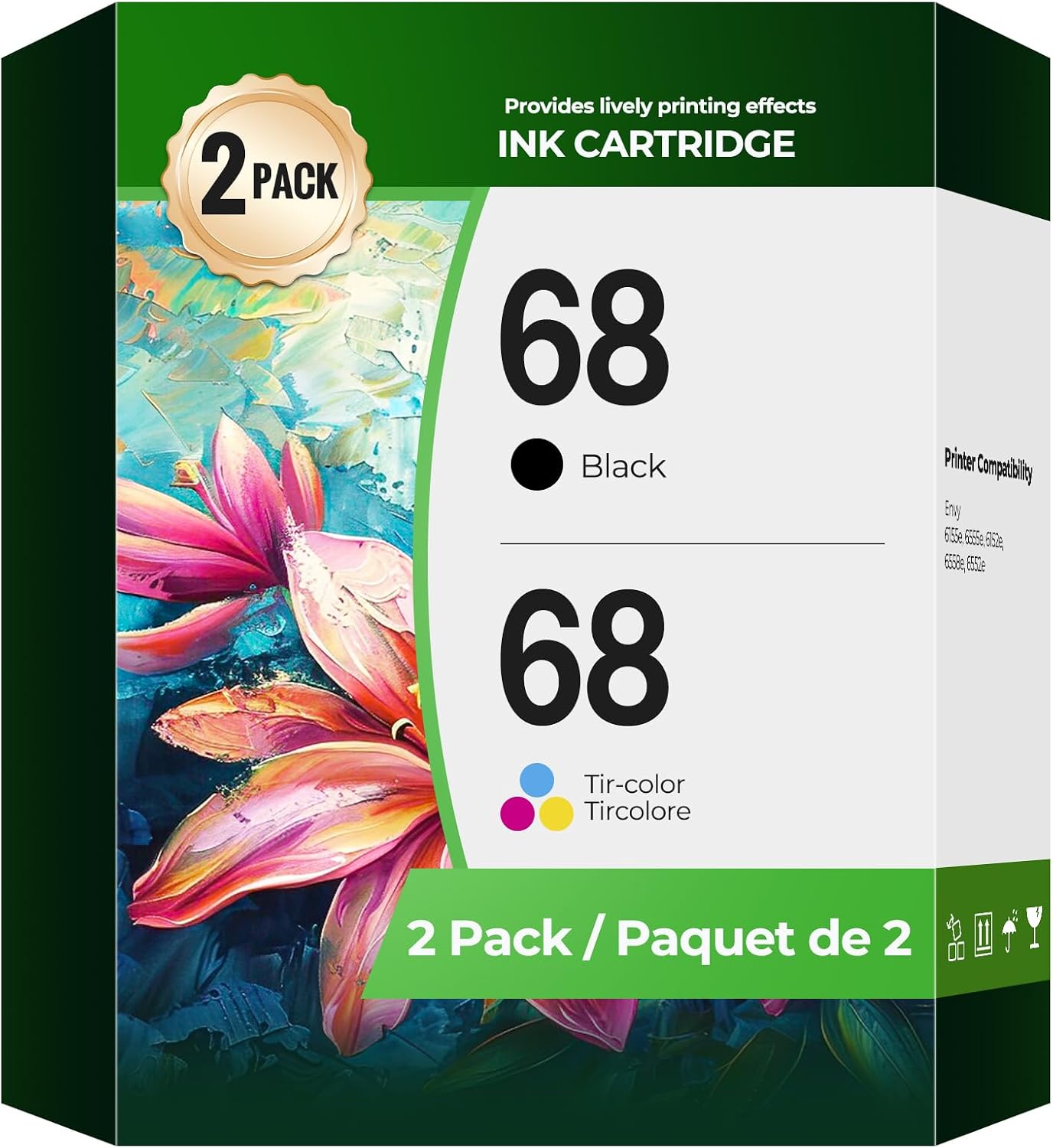 68 Ink Cartridges Envy 6555e 6155e 6152e 6552e Compatible with hp 68 Ink Cartridges Black Color Combo Pack Compatible for Envy 6555e, 6155e, 6152e, 6552e, 6558e, Printers 2-Pack, 1 Black1 Tri-Color