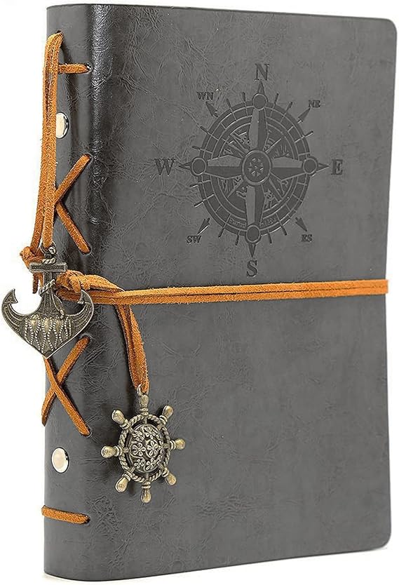 Retro Vintage Denizcilik Defteri Klasik PU Deri Kapak Not Defteri Seyahat Günlüğü Seyahat Dergisi Doldurulabilir Eskiz Defteri Spiral Halka Binder Günlüğü Boş Sayfalar, Astarsız Kağıt, Retro Kolye, Klasik Kabartmalı (130x185 mm, Gri)