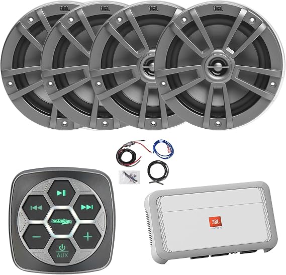 Metra IBBTR19 Marine 3-Zone Bluetooth Controller, 4X 6.5 180 Watts Peak Power 2-Way Multi-Element Gray Marine Speakers, 4-Channel Class H Boat Amplifier W/Wiring Kit