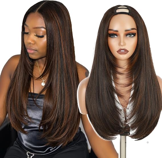 WIGNEE 24 Inch Long Straight U Part Wig Highlight Brown Layered Half Wig