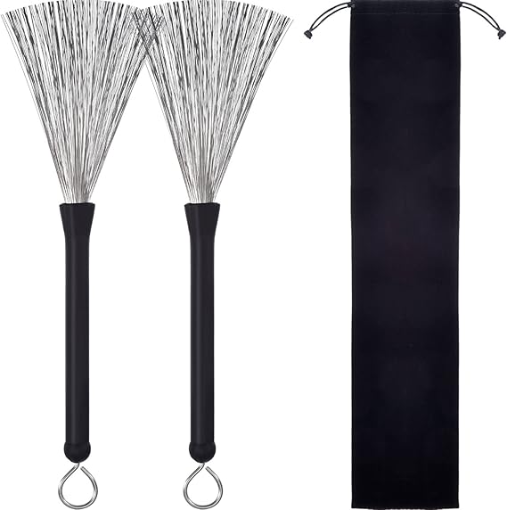 Pangda 1 Pair Drum Brushes Retractable Wire Brushes Drums Drum Sticks Brush with Comfortable Rubber Handles | Drum Accessories,Comfortable Rubber Handle, Wire Bristles, Retractable,Durable for Use,Black Velvet Drawstring Bag