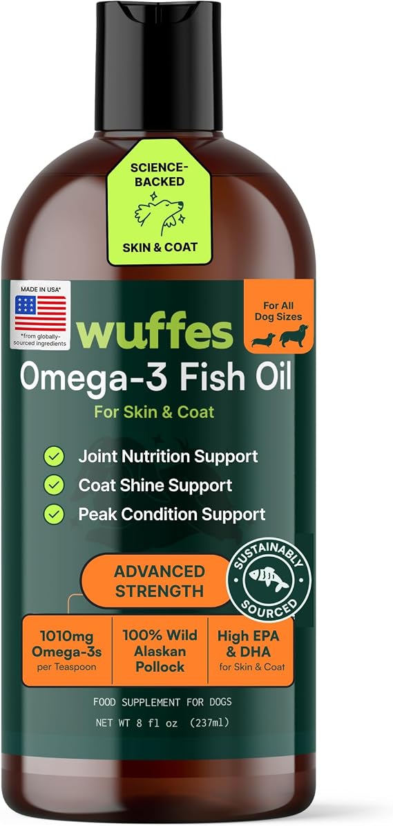 Wuffes Omega-3 Fish Oil for Dogs, 8 oz - Pure Wild Alaskan Pollock Oil with EPA & DHA, Supports Skin, Coat, Joint & Heart Health, for All Breeds & Ages, Pollock Flavor