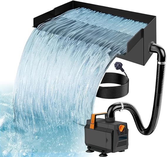 12 Inch Pond Waterfall Overflow Tub Kit With 45W 3000 L/H Water Pump Steel Waterfall Box Includes 3M Corrugated Pipe Pond Filter Adjustable Flow for Wide Sheet Waterfall Stream & Rock Wall