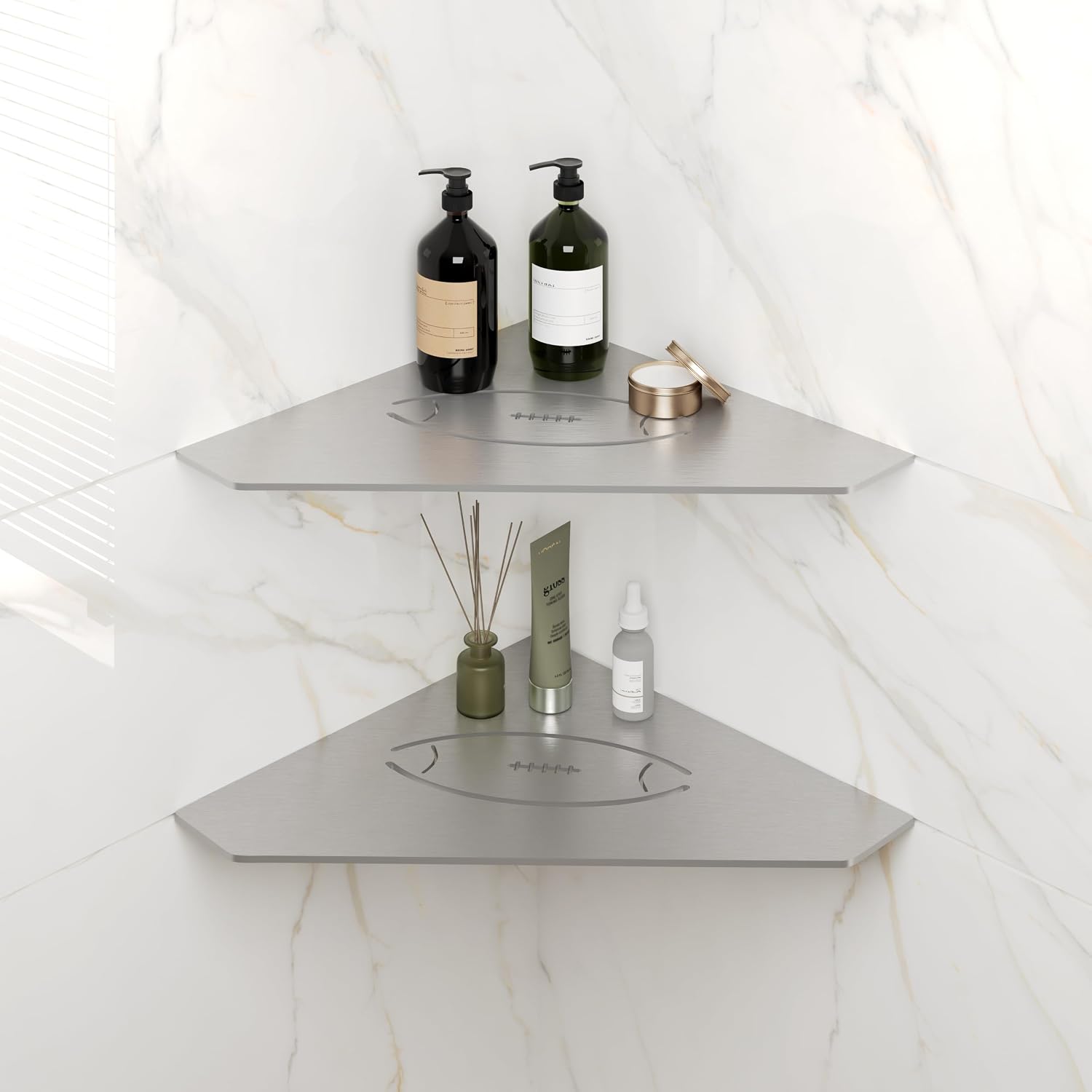 FerdY 2-Pack 10 Brushed Nickel Recessed Corner Shower Shelf, for Tiled Bathroom Walls, Floating Shelf, 304 Stainless Steel Shower Caddy Storage Shelves, No Drilling Required, Rugby Diamond