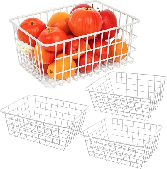 4 Pcs Freezer Baskets, Stackable Freezer Basket for Freezers, 28.5x22x12cm Wire Storage Baskets with Handlesfor Cabinet Bathroom Kitchen Pantry, White