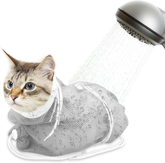 Cat Bathing Bag, Breathable Mesh Cat Shower Bag Anti Scratch Adjustable Washing Grooming Bag for Nail Trimming Polyester Soft