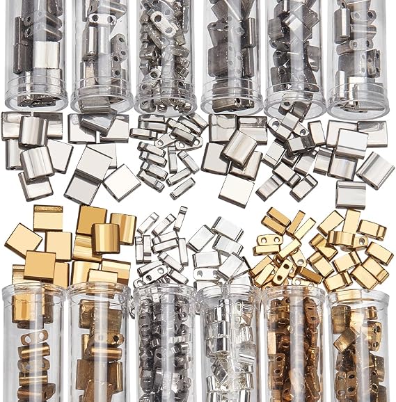 NBEADS About 468 Pcs 3 Sizes 2-Hole Beads, 3 Colors 1/4 Half 5x5mm/5x2mm/51mm Mini Japanese Glass Seed Beads for Bracelet Necklace Earring Jewelry Making