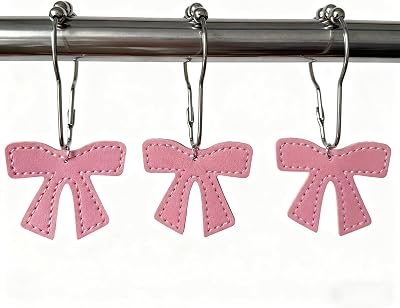 Bow Knot Shower Curtain Hooks, Leather Bow Shower Curtain Hook, 12PCS Rust Proof Shower Curtain Rings for Bathroom, Metal Decorative Shower Curtain Hangers Pink