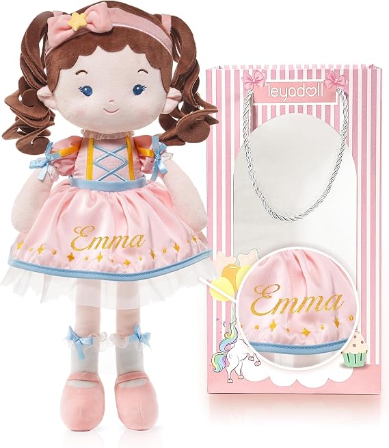 LeyaDoll Personalized Soft Baby Doll 16'',Rag Doll for 1 Year Old Girl Gift | Pink gift bag included, Bedtime buddy for infants, Embroidered face & Buttery Soft, Machine washable