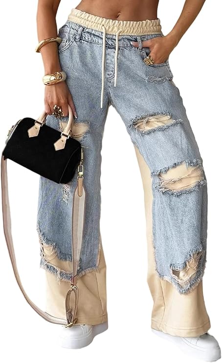 LKOUS Womens Baggy Jeans Wide Leg Patchwork Y2k Ripped Drawstring Elastic Waist Denim Pants with Pockets