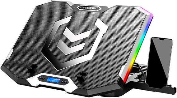 ICE COOREL RGB Laptop Cooling Pad 15.6-17.3 Inch, Gaming Laptop Cooler Stand with 6 Quiet Cooling Fans and 6 Height Adjustable, LCD Screen and RGB Lights, Two USB Ports, One Phone Stand