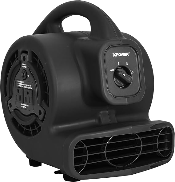 XPOWER P-80A Mini Mighty 138 W 600 CFM Centrifugal Air Mover, Carpet Dryer, Floor Fan, Blower, Stackable, Daisy Chain, for Water Damage Restoration, Janitorial, Plumbing, Home Use, Black