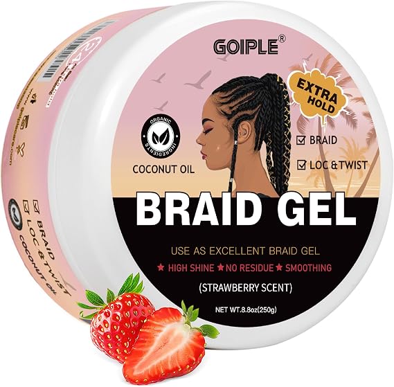 Braid Gel Smoothing Braiding Gel for Twist, Locs, Braids, Edge Control, Cornrows - Strong Hold, No Flake, Anti-Frizz, Easy to Use Hair Gel for Women (8.8OZ Strawberry Flavor)