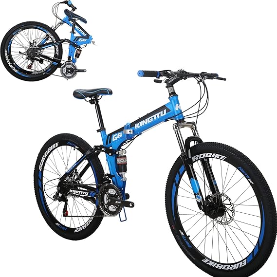 EUROBIKE Folding Bike,26 Full Suspension Mountain Bike, 21 Speed Folding Bicycle Men or Women MTB (G6 Blue)