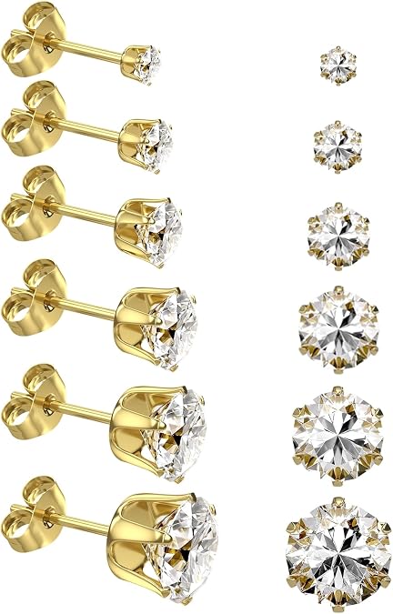 6/12 Pairs Silver Gold Stainless Steel Stud Earrings Set for Women Men | Hypoallergenic, 3 4 5 6 7 8 mm CZ, Lightweight, 14K Gold Plated Surgical 316L, Cubic Zirconia, Multiple Piercing Jewelry