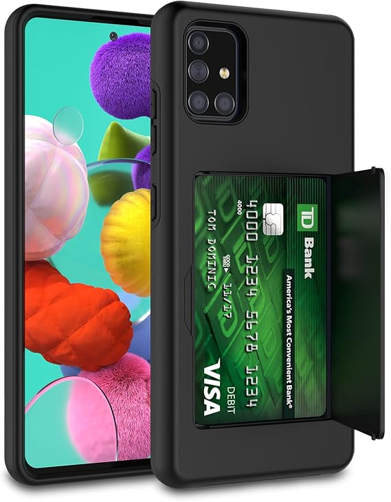 Case for Galaxy A51 5G, Dual Layer Hybrid Shockproof Drop Protection Hard Plastic Cover Rubber Bumper Hidden Credit Card Holder Slot Wallet Case for Samsung Galaxy A51 5G, Black