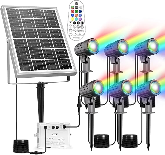 CLV 6 in 1 Solar RGB Spotlights Outdoor Garden, Colour Changing LED Solar Powered Spotlights IP66 Waterproof with Remote, Dusk to Dawn Auto On/Off Spike Lights for Garden Lawn Patio Summer Decor [Energy Class A]