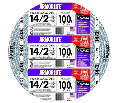 Southwire 14/2 MC Cable, 100 ft, Solid Copper THHN/THWN Conductors, Armorlite Aluminum MetalClad Cable with Ground