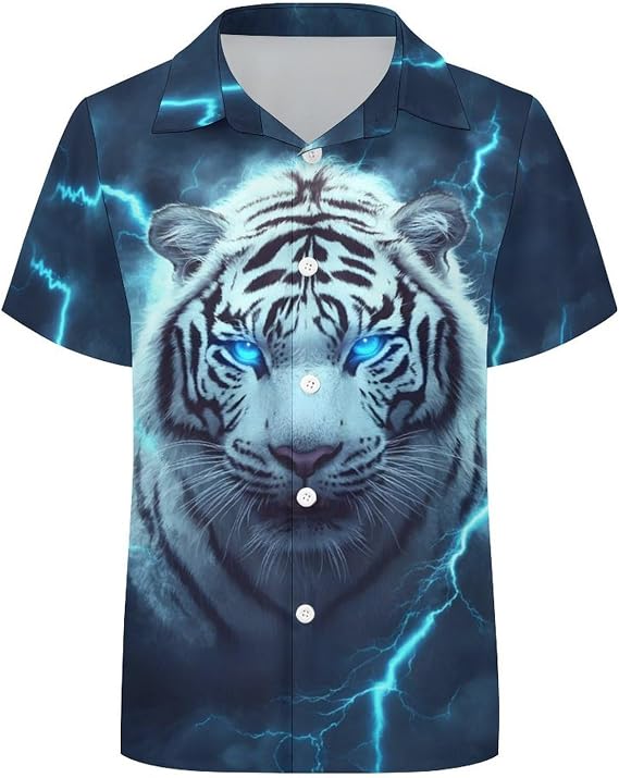Boys Button Down Hawaiian Shirts Kids Cool Fantasy Tiger Printed Summer Short Sleeve Aloha Luau Shirt