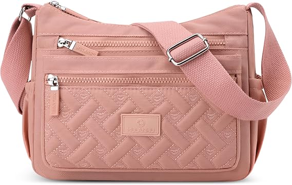 Women Shoulder Bag Multiple Pockets Crossbody Bag Lightweight Water-resistant Polyester Messenger Bag for Travel Commuting Pink