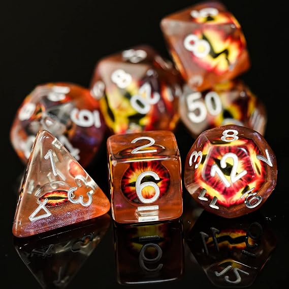 Cusdie 7-Die DND Dice, Polyhedral Dice Set Filled with Eyeball, for Role Playing Game D&D Dice (Brown Eyeball)