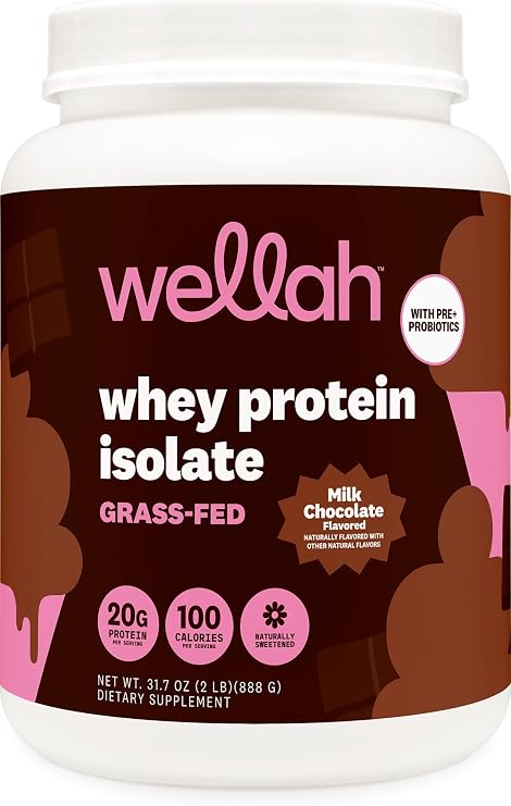 Wellah Grass-Fed Whey Protein Isolate Powder (Milk Chocolate) 30 Servings | With Prebiotics, Enzymes & Probiotics, 20g of Protein, 100 Calories, Naturally Sweetened