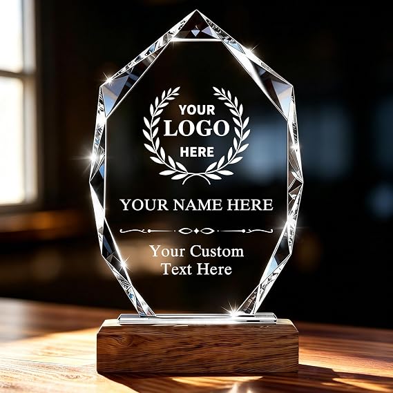 Uniquilling Custom Crystal Trophy Award with Text & Logo (Large