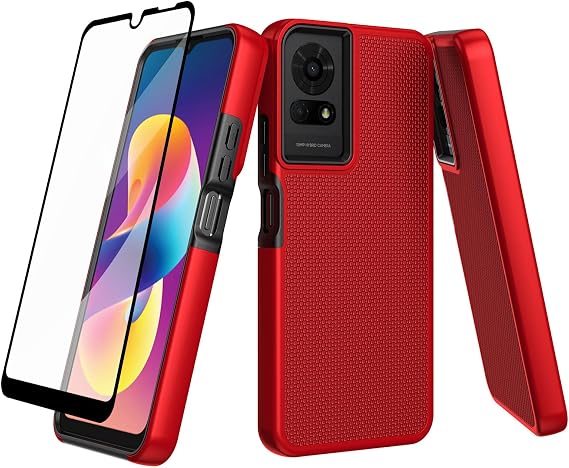 Ailiber for TCL K24 Phone Case, TCL K23/TCL 50LE Case Screen Protector-Red | Dual Layer Silicone Bumper, Slim Stylish Non Slip Back, Heavy Duty Rugged Cell Phone Cover, Military Grade Drop Protection