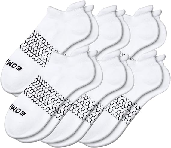 BOMBAS Women's Solid White Ankle Socks, 6-Pack Cushioned Low Cut Athletic Socks, Size Medium (7.5-11)