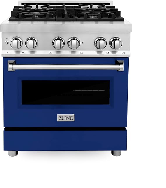 ZLINE 30 in. 4.0 cu. ft. Legacy Dual Fuel Range with 4 Burner Gas Cooktop and Electric Convection Oven in Stainless Steel and Blue Gloss Door (RA-BG-30)