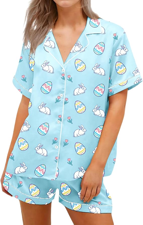 Nicoxijia Easter Pajamas for Womens 2 Piece Set Cute Rabbit Graphic Short Sleeve Pjs Sets Bunny Bow Print Sleepwear Set Y2k