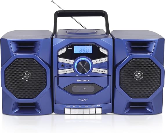 Emerson Portable CD Player Boombox with Cassette Player, Tape Recorder, AM/FM Radio, MP3 AUX Input, Detachable Speakers, AC/DC & Battery Operated Stereo System for Home, Travel, Indoor & Outdoor Use