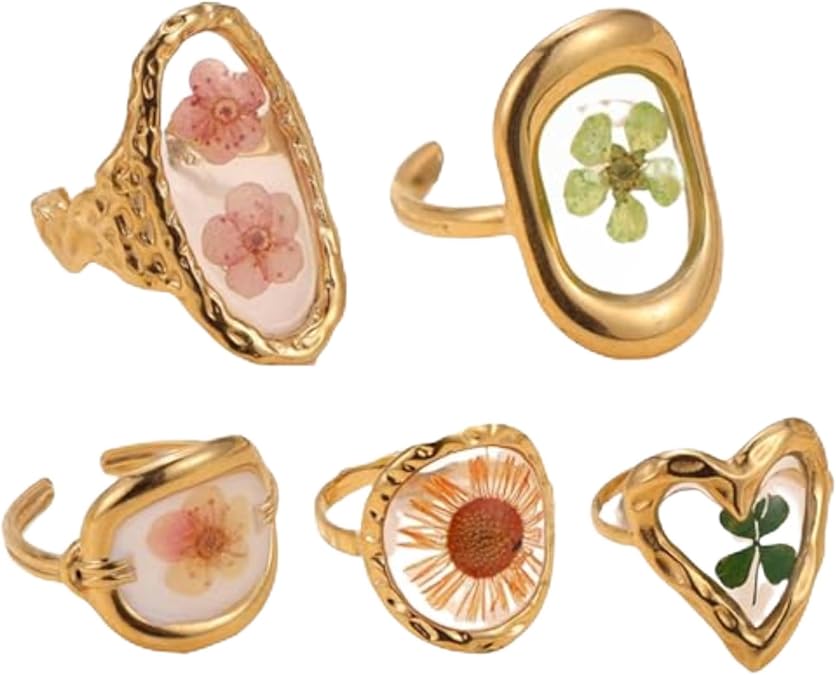 5pcs 18k Gold Plated Floral Adjustable Rings Chunky Gold Rings Vintage Jewelry Y2k Accessories Don't Tarnish Ring Set