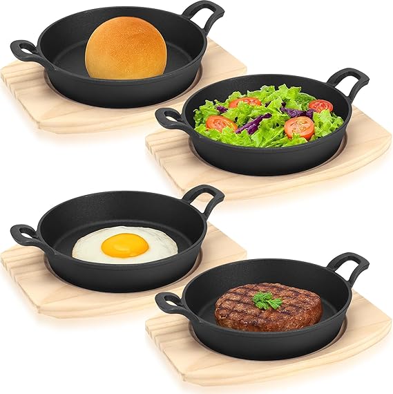 4 Pack Mini Cast Iron Skillets, 14cm Round Sizzler Pans with Wooden Bases