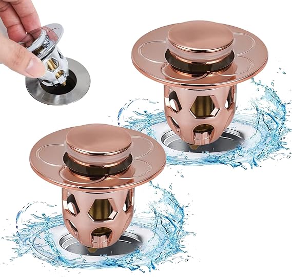 2pcs Flixfilter Drain, Flixs Filter Sink Stopper - Holuvo Sink Stopper, Universal Pop Up Bathroom Sink Stopper for Kitchen, Tub, Basin (Rose Gold)