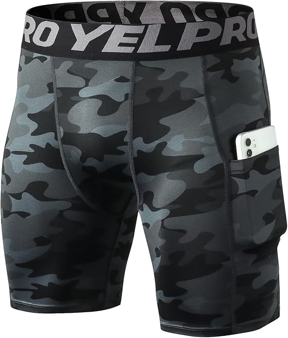 Compression Shorts Men, Gym Running Shorts with Pockets Sports Underwear Base Layer Shorts Quick-Drying Fitness Workout Shorts for Cycling, Football, Training