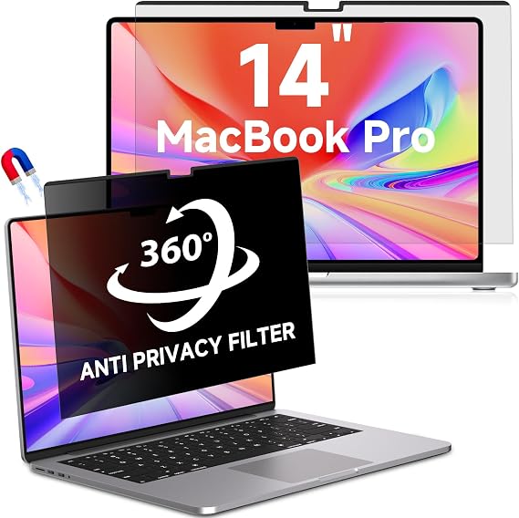 360 Magnetic Macbook Pro 14 Inch Privacy Screen | (2021-2025, M1,M2,M3,M4,M5), Removable Anti Glare Blue Light Macbook Pro Screen Protector, Anti Spy and Easy Install Shield