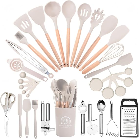 Cookware Set, 34-Piece Silicone, Kitchen Tool Set, Living Alone, Kitchen Supplies, Housewarming Celebration, Mother's Day Gift, Heat Resistant, Durable, Wooden Handle, Suitable for Japanese and Western Cooking, Antibacterial, Scratch-Resistant, Spatula, Ladle, Tongs, Spoon, etc. Color: Off-White