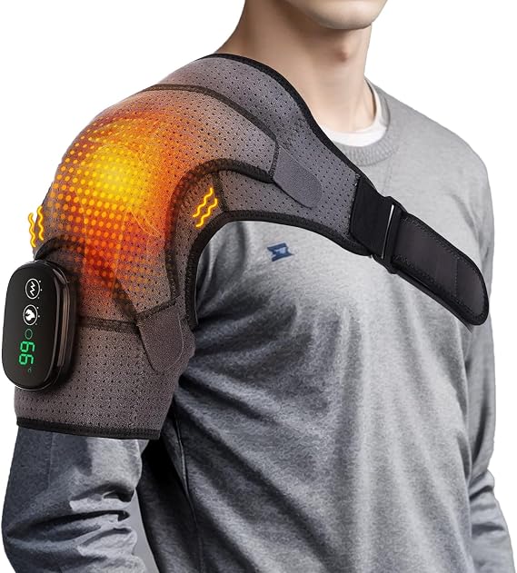 Heated Shoulder Massager Brace Support with Vibration, Wireless Vibration Shoulder Pad for Left or Right (Gray Black)