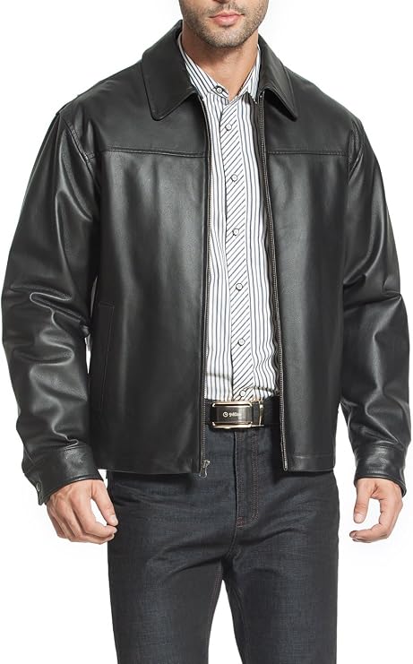 Men Greg Open Bottom Zip Front Leather Jacket (Also available in Tall)