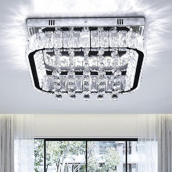 FRIXCHUR 13.7" Square Crystal Chandelier LED Ceiling Light Cool White [Energy Class E]
