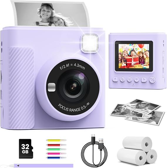 TIATUA Kids Instant Print Camera, 2.4" HD Screen 1080P Digital Toy, Purple | Includes 32GB Card, 3 Rolls Paper & 5 Coloured Pens, Inkless Print, Christmas Birthday Toy Gift for Kids 3-12
