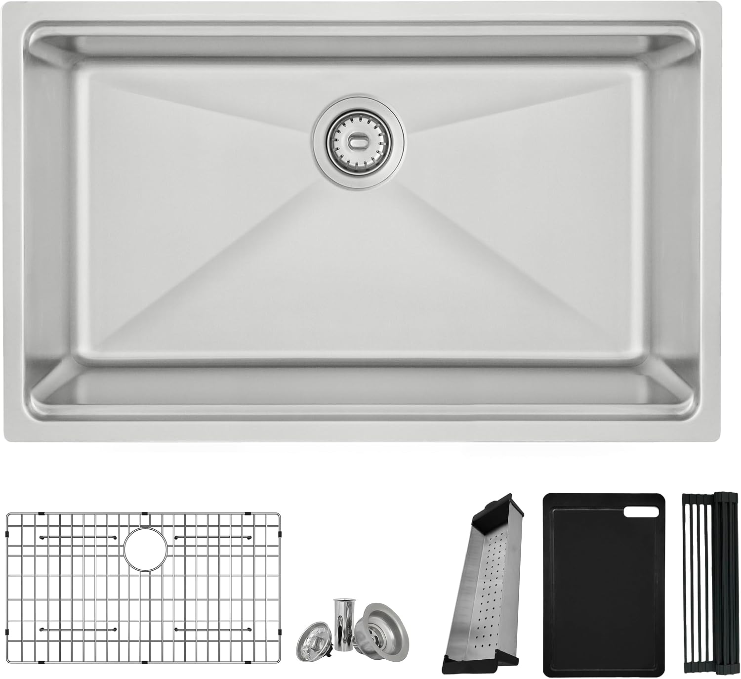 Stylish 31 x 19 Inch Workstation Sink Single Bowl 16G Stainless Steel Drop in or Undermount Kitchen Sink with Bottom Grid, Strainer, Colander, Black Cutting Board and Drying Rack, S-131W