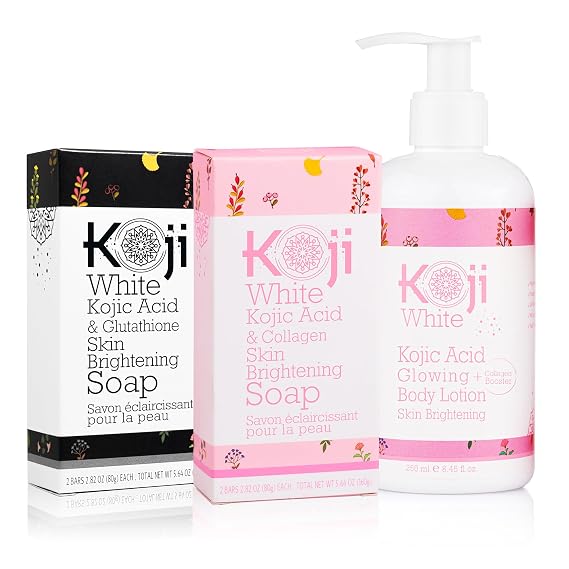 Koji White Kojic Acid Glutathione, Collagen Soap & Body Lotion Bundle | Gentle Skin Brightening & Moisturizing with Tea Tree, Vitamin C & Hyaluronic Acid | Vegan, Glowing Skin, Hydrating