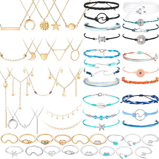 Batiyeer 60 Pcs Boho Surfer Wave Bracelet Necklace Set for Women