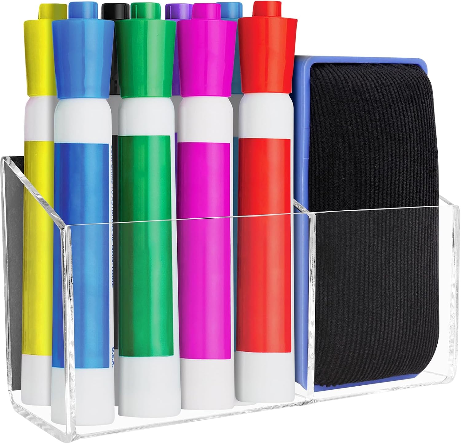 Magnetic Dry Erase Marker Holder for Whiteboard，Acrylic Magnetic Pen Holder for Fridge, 2 Compartments Whiteboard for Office, Home, LockerClear-Brown