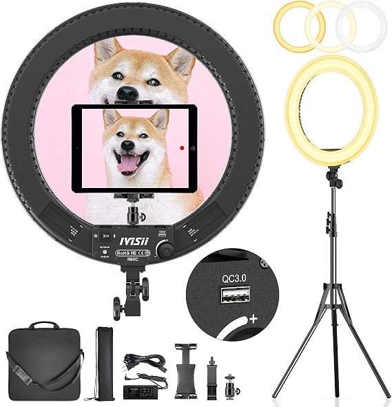 18 inch Ring Light with Stand,60W Bi-Color 3000-5800K Professional Ring Lights with Tripod for Makeup Vlog, Tattoo Large Ring Light for Phone Camera Tablet