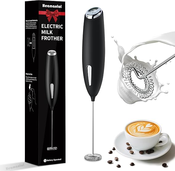 Hemantol Electric Milk Blender, 10000 R/Min, Handheld, Easy To Store Portable, cordless,One Touch, Removable Stainless Steel Blender, Lattes, Coffee, Mixing Drink, Batteries Not Included (Black)