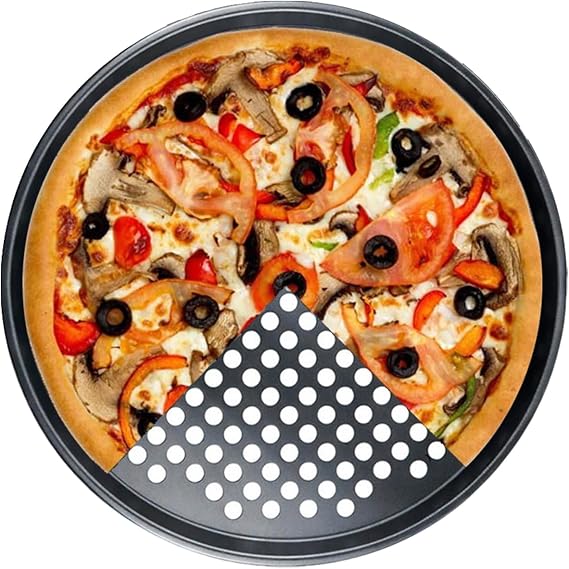 Pizza Tray, 10 Inch Perforated Pizza Pan Round Baking Plate with Holes Non Stick Carbon Steel Dough Tray for Microwave Oven​ Flatbread Family Meals Cooking Home Kitchen Restaurant (Black)